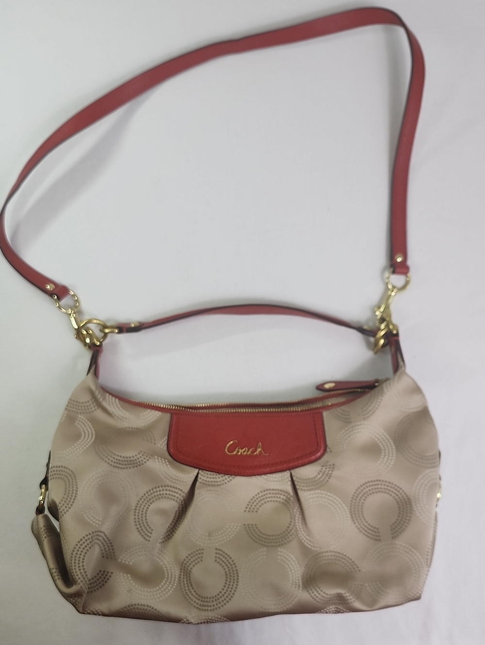 Coach Beige Signature Shoulder Bag with Red Trim